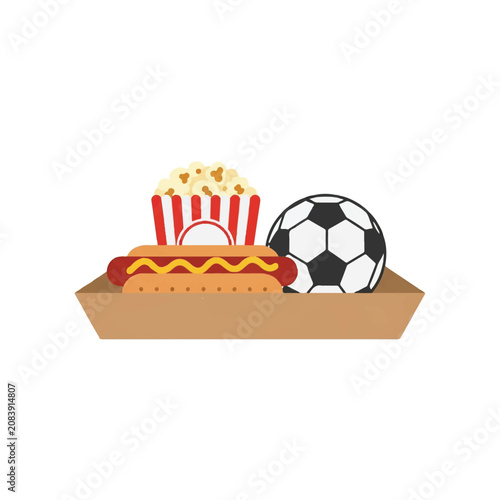 A simple cardboard tray containing a hotdog with mustard, a small bag of popcorn, and a soccer ball icon. Casual game-day mood. minimalist flat vector artwork, clipart style, absolute solid