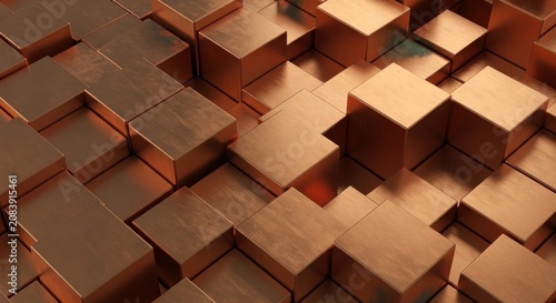 Abstract 3D copper metallic geometric cubes background.
