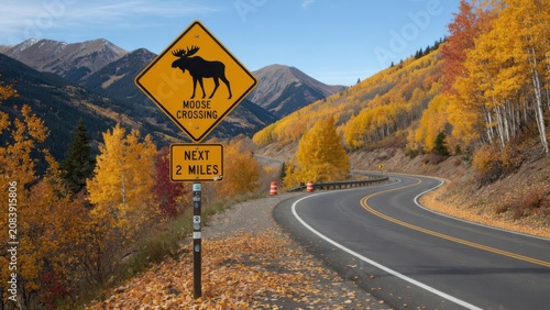 A bright yellow warning sign indicating a moose crossing next two miles stands beside a winding asphalt mountain road surrounded by golden autumn aspen foliage under the vast clear blue sky outdo