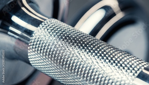 Macro close-up of a knurled chrome barbell handle highlighting detailed grip texture in a modern fitness gym. Perfect for strength training, weightlifting, gym equipment, and industrial metal texture 