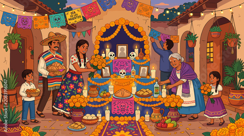 Fotografie Mexican Family Celebrating Day of the Dead with Traditional Altar and Decorations