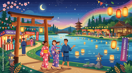 Canvastavla Traditional Japanese summer festival at night with people in yukata by a lake with lanterns