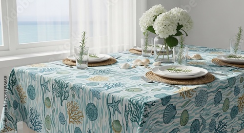 Elegant ocean-themed dining table setting with seashell patterned tablecloth and white hydrangeas in a bright coastal room