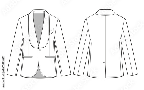 Schilderij op canvas Kids shawl collar tuxedo jacket front and back view technical flat design vector mockup template