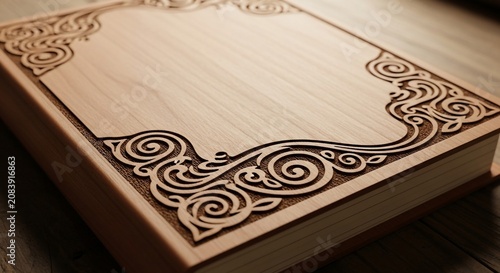 Engraved wooden book with intricate floral and scroll carving details on the cover