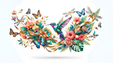 Vibrant tropical border decoration with colorful hummingbird butterflies dragonflies and golden ribbons isolated on white background