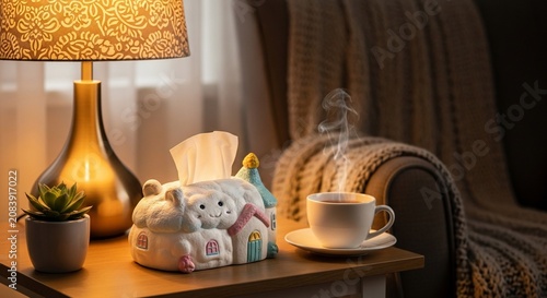 Cozy Living Room Corner with Decorative Tissue Holder Table Lamp and Steaming Hot Beverage for Relaxing Evening Atmosphere