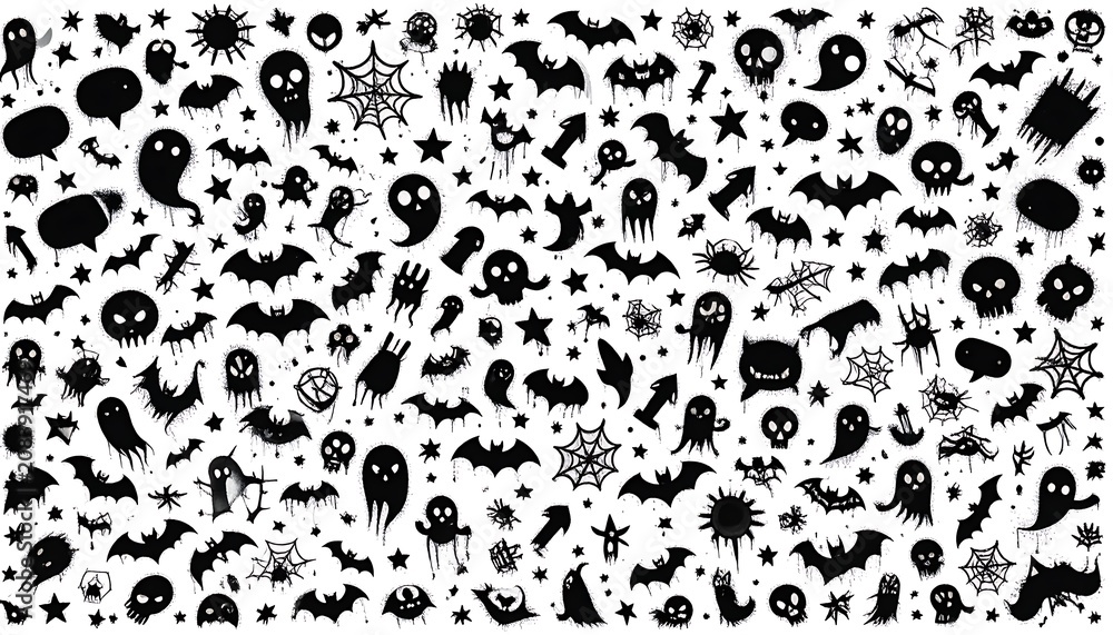 Fototapeta premium Halloween pattern with pixel art ghosts, skulls, bats, spiders, and stars, black and white graphic elements for spooky holiday design