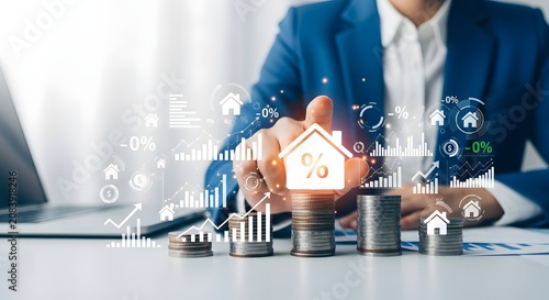 A businessman analyzing financial data and planning for real estate investments with interest rates