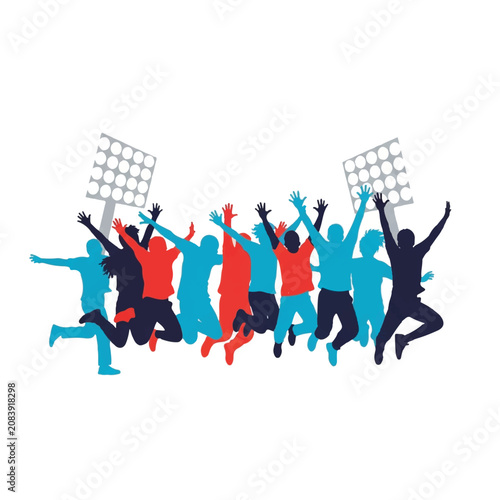Side view silhouette of a diverse group of fans jumping in unison, arms outstretched, dynamic motion captured in solid shapes, stadium floodlights represented by solid white circles, minimalist