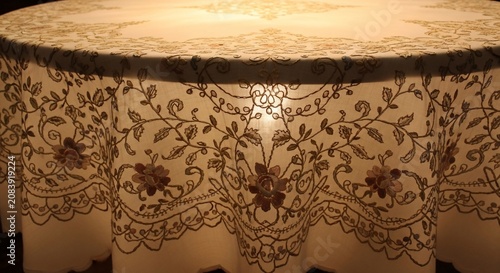 Elegant Vintage Round Tablecloth with Detailed Floral Embroidery and Intricate Lace Pattern for Home Decor and Fine Dining Table Setting