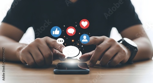 A person sitting at a table interacting with a smartphone and social media icons floating above