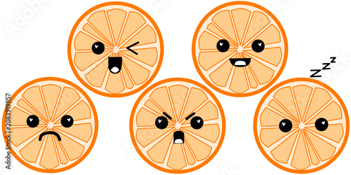 Fotografie Cute sliced orange kawaii character with various expressions and highlighted heart eyes, a colorful illustration set for stickers, emoji, and clipart