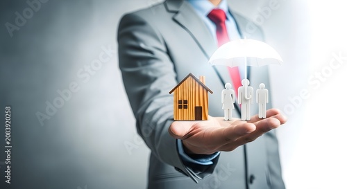 Businessman holding a house and family under a protective umbrella