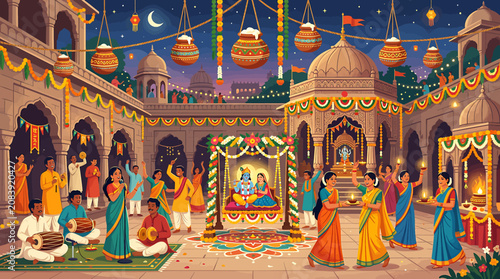 Canvastavla Traditional Janmashtami celebration with people dancing and playing music in a decorated temple courtyard at night