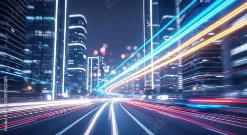 City night traffic with long exposure light trails.