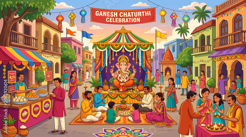 Quadro su tela Vibrant Ganesh Chaturthi Celebration Illustration with People Praying in a Colorful Indian Street Market