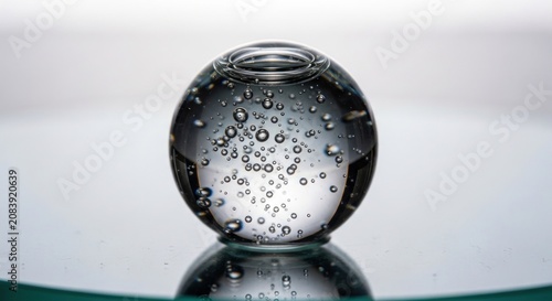 Clear glass sphere with air bubbles on reflective surface.