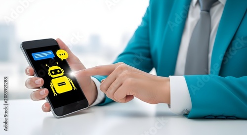 Businessperson interacting with smartphone displaying chatbot interface on screen