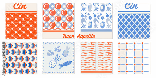 Konstfotografi Retro style fruit and geometric pattern cards vector illustration