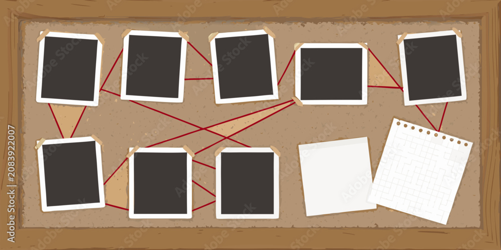 Fotografie Corkboard With Photographs And Red Strings Vector Illustration