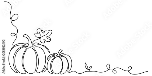 Foto Continuous line drawing of two pumpkins with leaves and vines Vector, illustrati