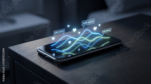 Wellness therapy AI chatbot providing mental health support with glowing blue green white calm waves on smartphone