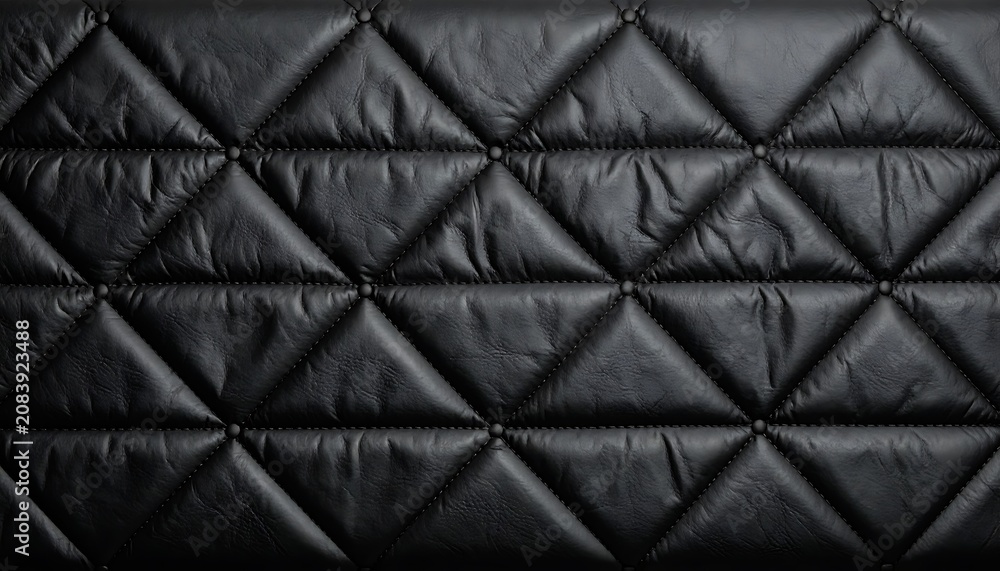 Fototapeta premium Quilted black leather texture with diamond pattern, subtle gloss, and texture details, luxurious material surface, upholstery material, close-up, abstract background