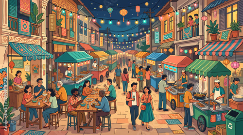 Foto Vibrant night market scene with people dining at street food stalls under festive hanging lights