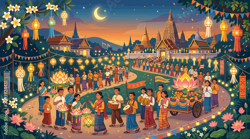 Foto Traditional Thai Loy Krathong Festival Celebration with People Carrying Lanterns and Lotus Floats at Night