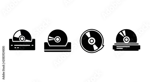 Black Silhouette Icons of CD Players and Discs - Vector Illustration