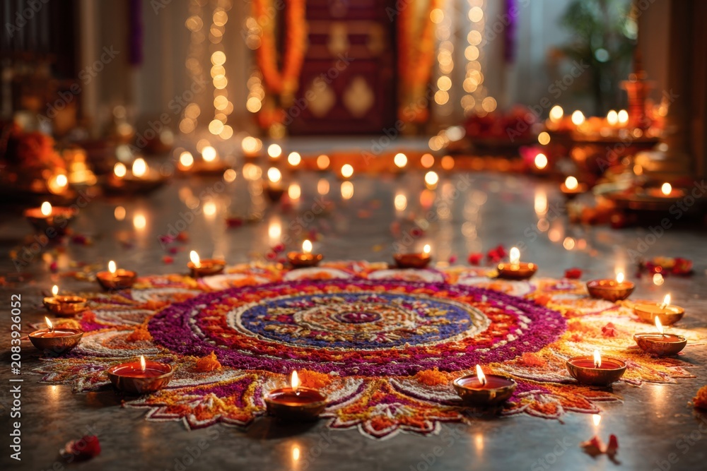 Fototapeta premium Breathtaking Diwali celebration scene with a colorful rangoli design and glowing diyas lighting the festive atmosphere in a decorated home setting