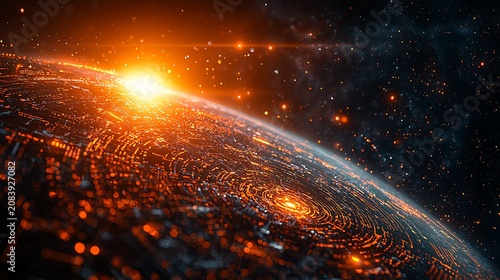 Abstract digital globe with glowing orange circuits in dark space sun glare