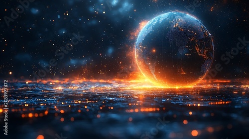 Digital Earth glowing with light amidst a dark starry expanse with city lights