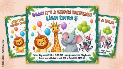 A festive children milestone celebration invitation features adorable jungle animals wearing colorful party hats while gathering under vibrant balloons to announce an upcoming fifth birthday