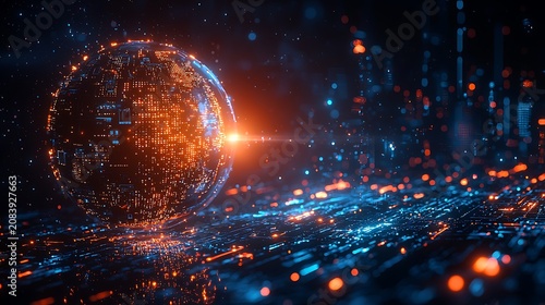 Glowing digital globe with interconnected circuits and abstract city lights in darkness