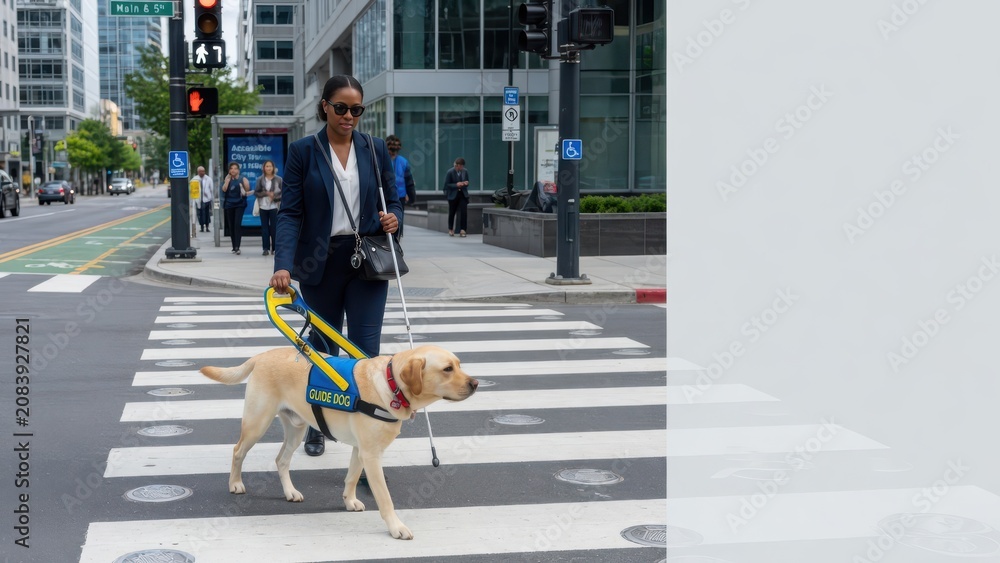 Obraz premium A blind professional woman in a suit utilizes a trained assistance dog while walking across a metropolitan urban crosswalk during her morning commute to work in the busy downtown city center area