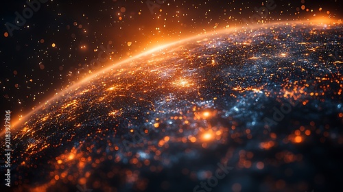 Illuminated earth at night seen from space with glowing cities and stars
