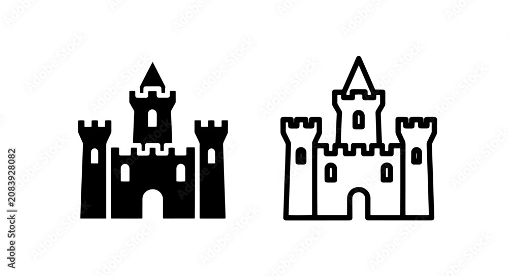 Fototapeta premium Medieval castle fortress building icon set silhouette outline style