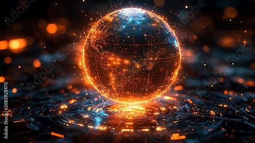 Glowing digital globe with illuminated data streams and abstract light particles