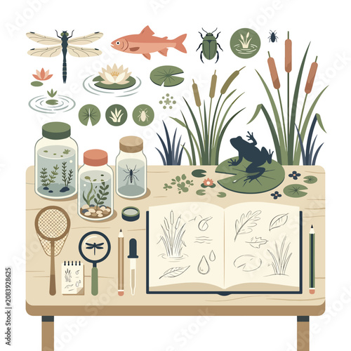 Canvastavla Biology research desk with pond life specimens and scientific equipment illustration