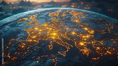Illuminated Europe viewed from space at night glowing cities and landmass outlines visible
