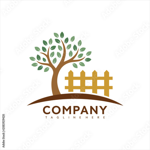 Vector graphic illustration of a tree with green leaves and a wooden fence behind company logo design on white background with brown text