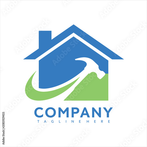 Modern company logo design featuring a house with a wave and green accent on white background for real estate or construction business with blue color scheme and vector graphic style.