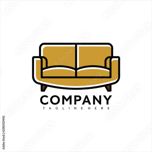 Modern vector graphic illustration of a mustard yellow sofa with black outline and company logo text on white background for design and branding purposes with furniture template.