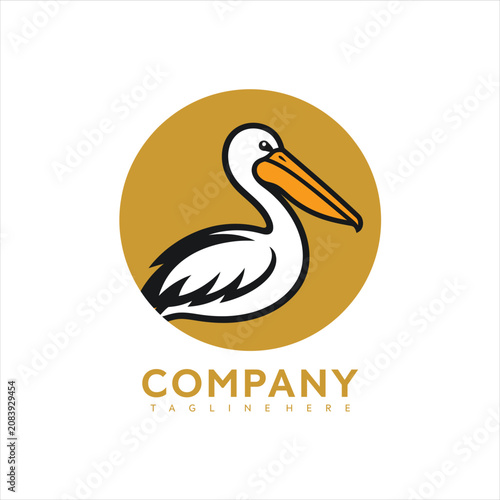 Modern vector graphic illustration of a white pelican with orange beak and black accents on a gold circle background for company logo or branding purposes with text.