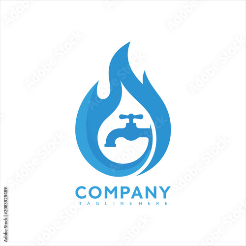 Blue flame logo with faucet inside a teardrop shape vector graphic design for a company with a tagline space for business branding and marketing purposes