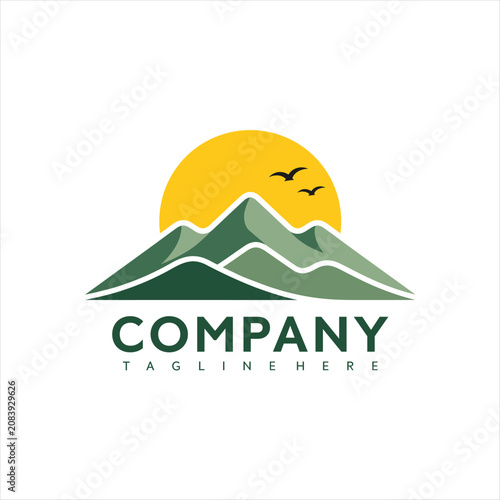 Modern company logo with mountain range and sunset design elements featuring birds in flight for a nature-inspired brand identity