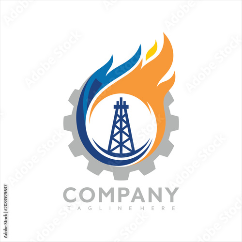 Modern vector graphic illustration of a stylized oil rig logo with flame and gear design elements in blue, orange, and yellow colors for a company or brand identity
