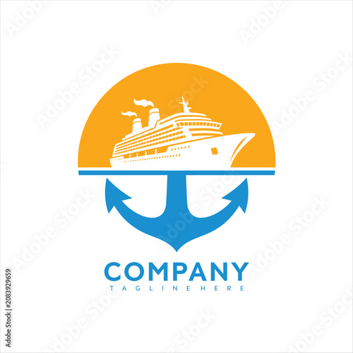Vector graphic illustration of a cruise ship on a yellow sun with an anchor and company logo in blue and white colors for travel and tourism business design